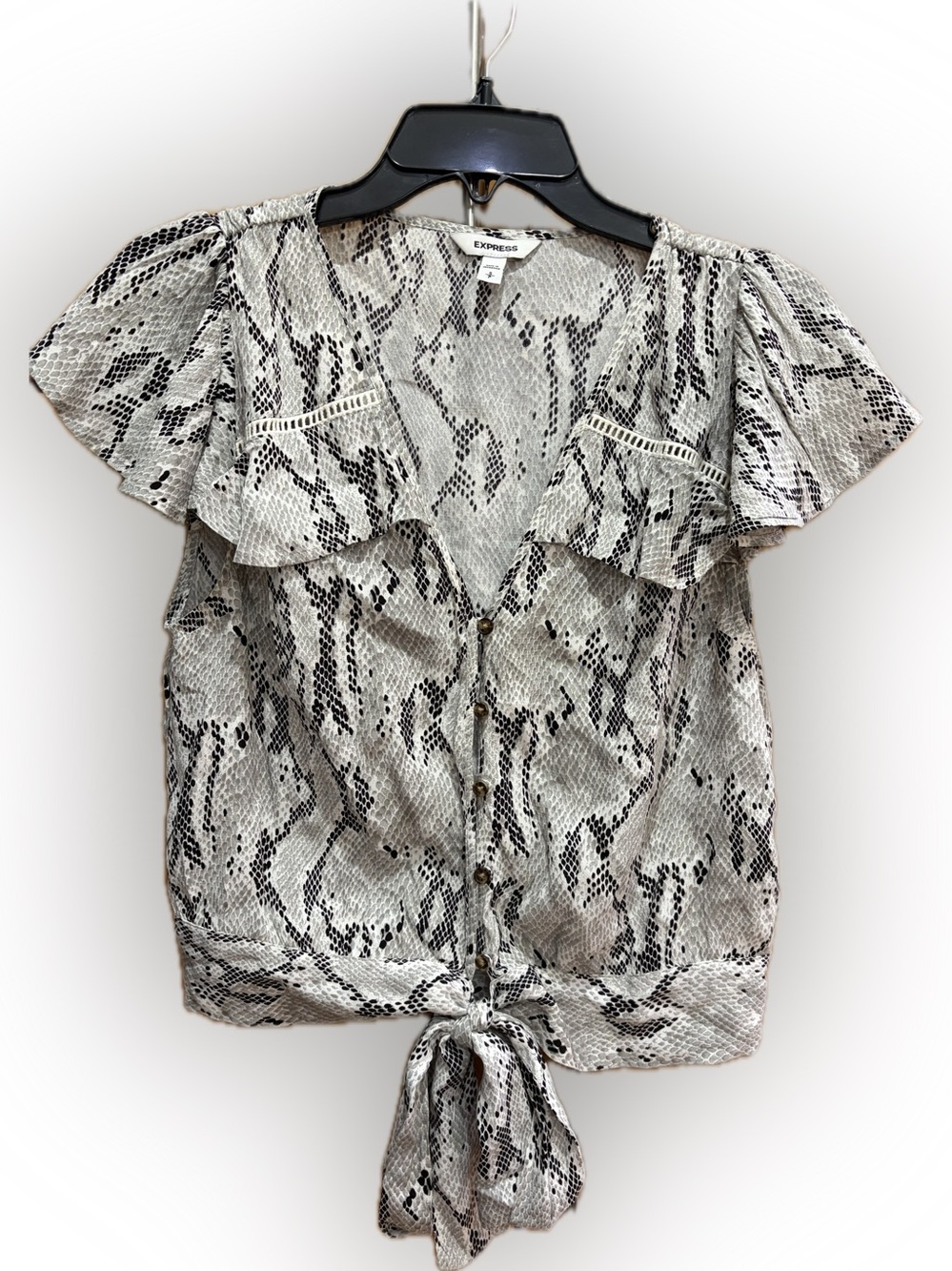 Express Black & White Snake-Print Tie-Front Blouse S